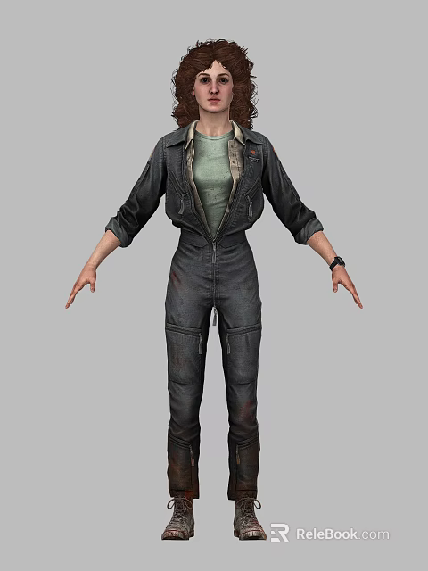 A Woman Wearing Dark Work Overalls Green Undershirt And Watch Standing With Hands Naturally Hanging 3d model 