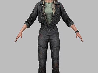A Woman Wearing Dark Work Overalls Green Undershirt And Watch Standing With Hands Naturally Hanging 3d model