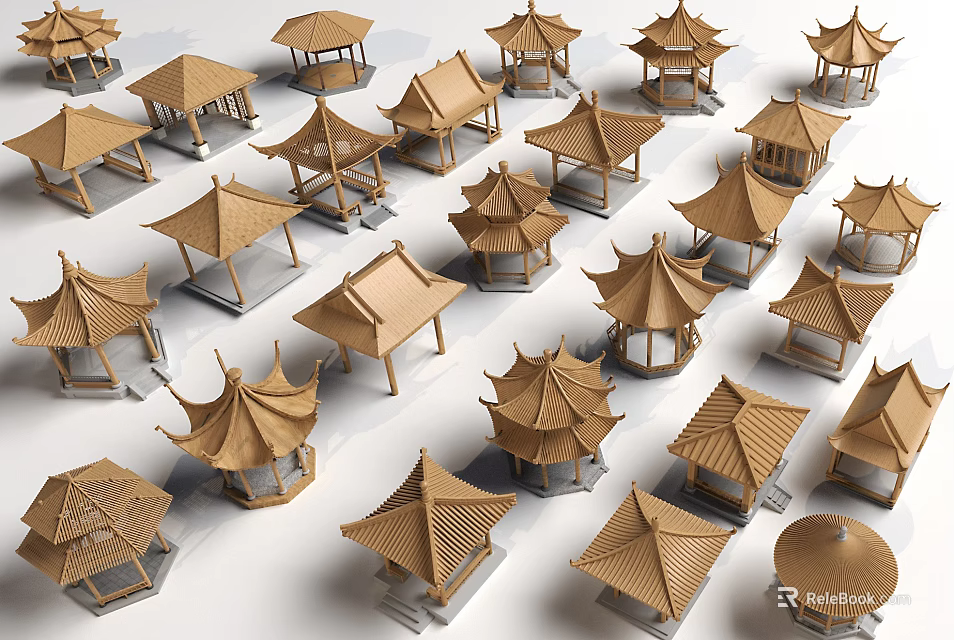 Chinese Traditional Wooden Pavilion Models With Curved Roof On White Background 3d model 