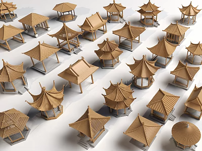 Chinese Traditional Wooden Pavilion Models With Curved Roof On White Background 3d model
