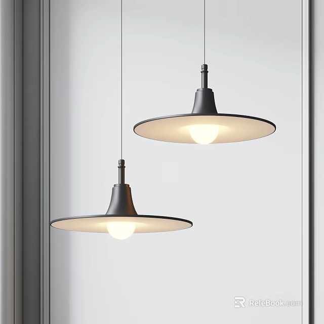 Modern Two Circular Black Pendant Lights Illuminated By Window With White Wall 3d model