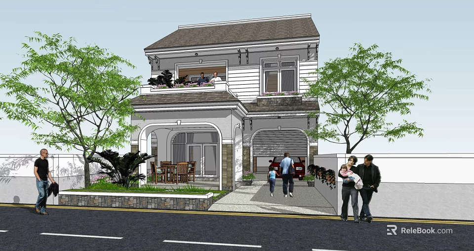 Two Story Detached Villa With Front Porch Garden Garage And Family Activity 3d model 