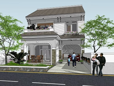 Two Story Detached Villa With Front Porch Garden Garage And Family Activity 3d model