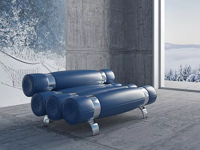 Blue Modern Single Sofa With Metal Legs Against Gray Concrete Wall And Blue Abstract Painting 3d model
