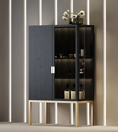Modern Dark Wooden Console Side Cabinet With Glass Door And Metal Legs For Storage 3d model