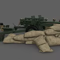 Military Weapon Tank Equipped With Sandbags Wooden Crates And Tripods Setup