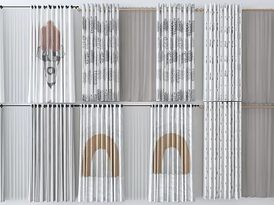 Stylish Curtains With Geometric Patterns And Arch Designs In Neutral Tones 3d model