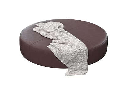 Soft Round Brown Ottoman With Light Gray Woven Blanket Draped Over 3d model