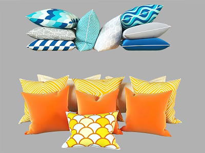 Vibrant Colorful Decorative Throw Pillows With Geometric Leaf And Striped Patterns 3d model