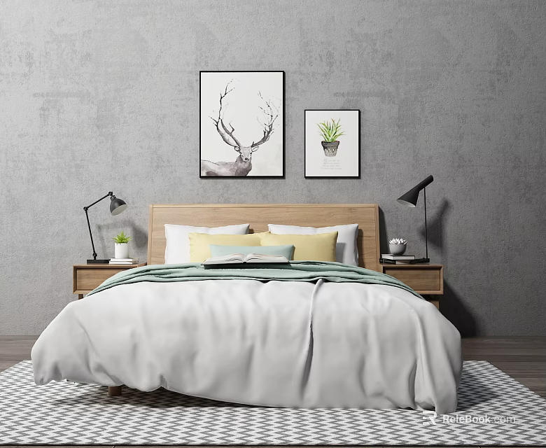 Modern Double Bed With Nightstands Table Lamps Wall Art Yellow Green Pillows And Diamond Rug 3d model 