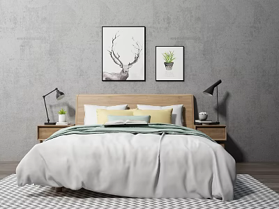Modern Double Bed With Nightstands Table Lamps Wall Art Yellow Green Pillows And Diamond Rug 3d model