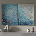 Abstract Blue And Gold Textured Paintings With Decorative Objects On Wall 3d model