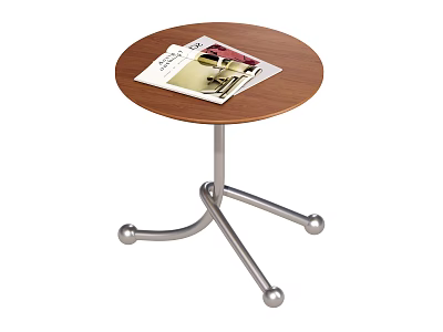 Round Wooden Top Side Table With Metal Three Legged Base And Magazine 3d model