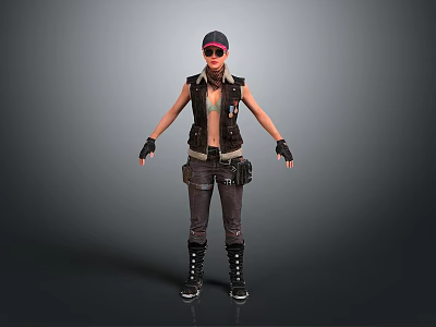 Woman In Black Vest Cap Pink Sunglasses Gloves And Combat Boots 3d model