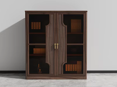 Brown Wooden Bookcase with Glass Doors and Golden Handles Featuring Shelves Books and Decorations 3d model