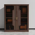 Brown Wooden Bookcase with Glass Doors and Golden Handles Featuring Shelves Books and Decorations
