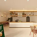 Light And Airy Dessert Shop Interior With Bar Counter Plants And Tables