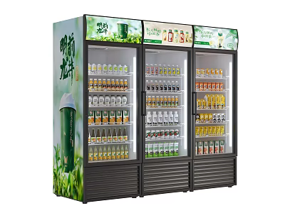 Commercial Display Refrigerator with Multiple Glass Doors Showcasing Various Beverages 3d model