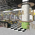 Modern Restaurant Interior With Open Layout Wooden Tables Yellow Chairs And Central Pillar
