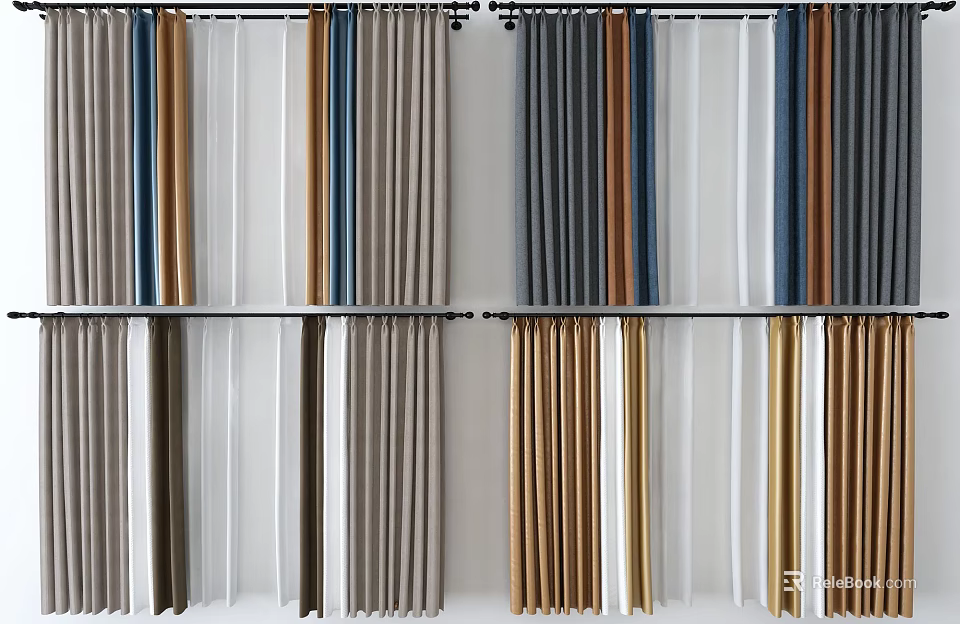 Modern Home Decor Curtains With Grey Brown Blue And Beige Colors For Interior Design 3d model 