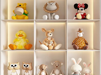Various Types of Assorted Cute Stuffed Animal Plush Toys Displayed On Shelves 3d model