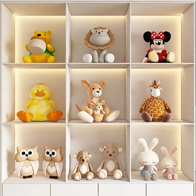 Various Types of Assorted Cute Stuffed Animal Plush Toys Displayed On Shelves 3d model