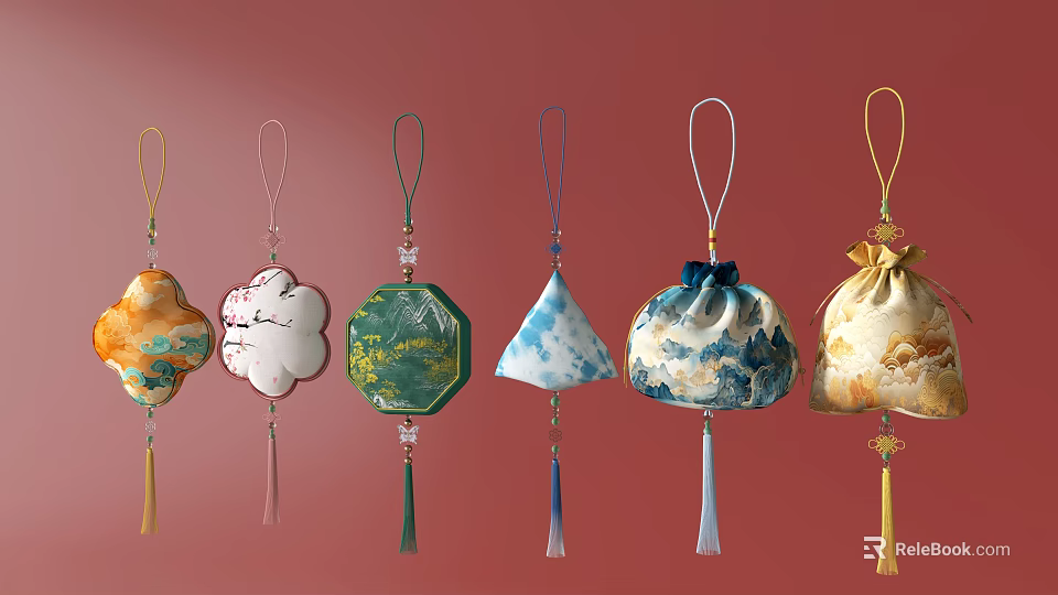 Traditional Colorful Hanging Ornaments With Various Shapes And Tassels On Red Background 3d model 