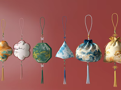 Traditional Colorful Hanging Ornaments With Various Shapes And Tassels On Red Background 3d model