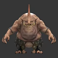 Monster Character Creature With Pink Bulky Body Single Horn Sharp Teeth Metal Accessories