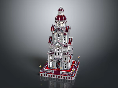 Cartoon Style Building Model With Domed Top Red And White Layers And Detailed Architecture 3d model