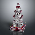 Cartoon Style Building Model With Domed Top Red And White Layers And Detailed Architecture