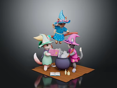 Three Cat Wizard Characters In Colorful Hats Stirring Magic Cauldron With Books And Candles 3d model