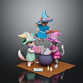 Three Cat Wizard Characters In Colorful Hats Stirring Magic Cauldron With Books And Candles