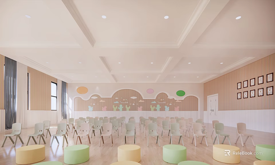 Bright Kindergarten Interior With White Chairs Colorful Round Stools Wooden Wall Decorations And Windows 3d model 