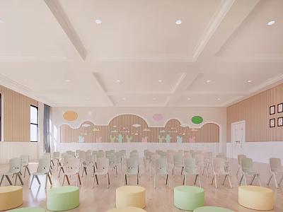 Bright Kindergarten Interior With White Chairs Colorful Round Stools Wooden Wall Decorations And Windows 3d model