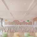 Bright Kindergarten Interior With White Chairs Colorful Round Stools Wooden Wall Decorations And Windows