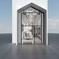Bridal Shop White Building Exterior With Arched Glass Door And Interior Wedding Dress