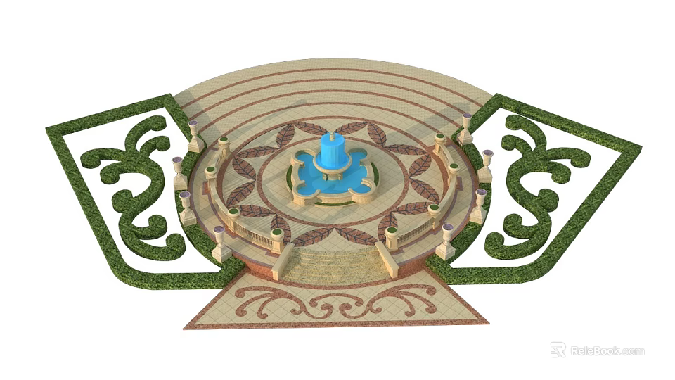 Outdoor Garden Table And Chair Set With Decorative Fountain And Greenery Design 3d model 