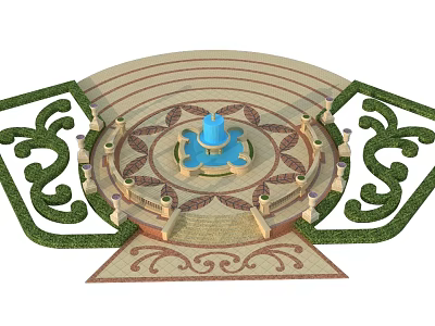 Outdoor Garden Table And Chair Set With Decorative Fountain And Greenery Design 3d model