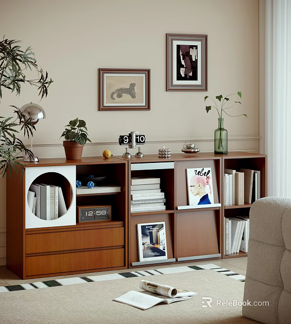 Modern Wooden Bookcase With Potted Plant Framed Pictures Stacked Books And Decorative Items 3d model 