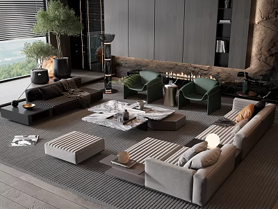 Modern Living Room Sofa And Coffee Table Combination With Green Chairs Fireplace And Window View 3d model