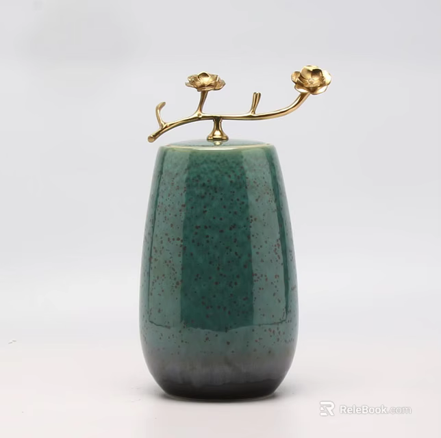 Green Speckled Ceramic Vase With Golden Branch And Flower Decor 3d model 