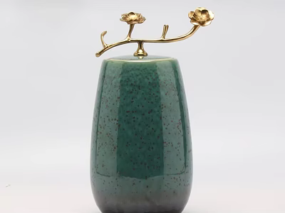 Green Speckled Ceramic Vase With Golden Branch And Flower Decor 3d model