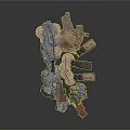 Modern Military Tactical Scene With Rocky Terrain Wooden Planks Trucks And Sand Mounds