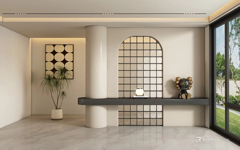 Modern Entryway Hallway Interior With Arched Grid Screen Console Table Decorative Items And Potted Plant 3d model 