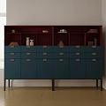 Modern Entryway Console Cabinet With Red Dark Open Compartments Blue Drawers And Metal Handles