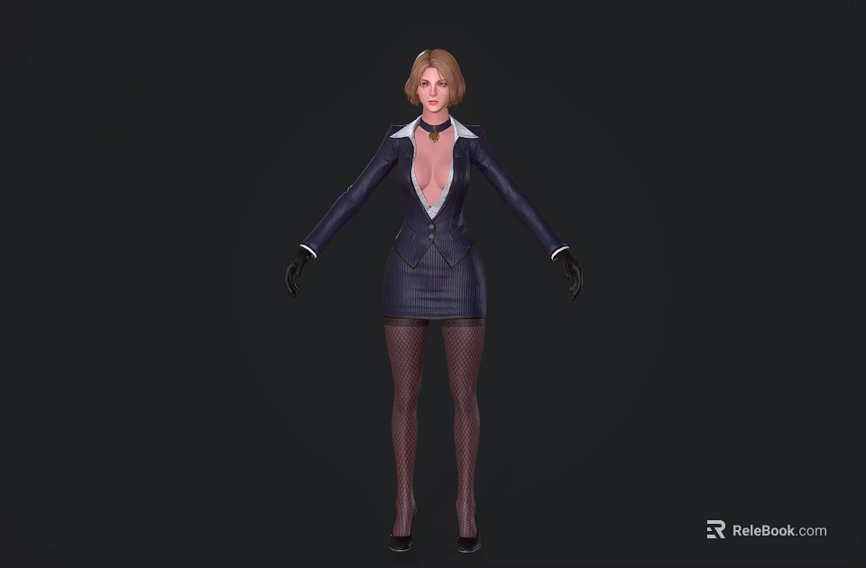 Game Movie Character Female in Business Suit with White Blouse Black Gloves and Fishnet Stockings 3d model 