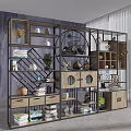 Modern Antique Display Shelf With Circular Ornament Wooden Metal Frame And Decorative Vases Books Plants
