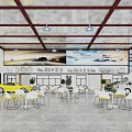 Car Showroom Interior Design With Cars Tables Chairs Pendant Lights And Posters