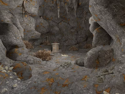Natural Cave Interior With Rocky Walls Stone Table Dry Grass And Scattered Stones 3d model